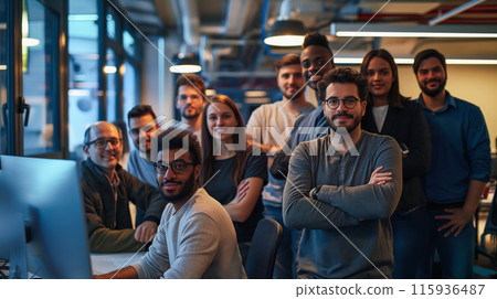 A group portrait of a team of programmers stands against the backdrop of a stylish modern office. They smile with confidence, reflecting collaboration and innovation in today's work environment. 115936487