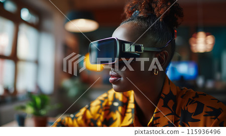 A portrait of a female programmer with a VR headset working remotely from home and immersed in the project as much as possible, emphasizes the global and inclusive nature of modern workplaces A portrait of a female programmer with a VR headset working remotely from home and immersed in the project as much as possible, emphasizes the global and inclusive nature of modern workplaces 115936496