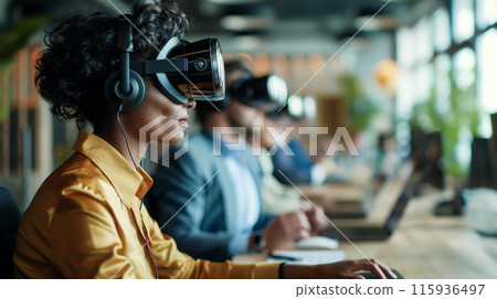 A future where employees use VR headsets for immersive tasks. and meaning individual participation in projects, a high-tech office with widespread introduction of advanced technologies 115936497