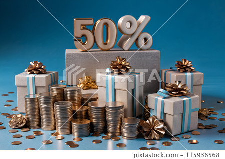 In the display, there is a 50 sign surrounded by gifts and coins In the display, there is a 50 sign surrounded by gifts and coins 115936568