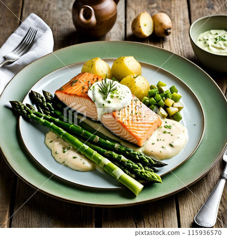 salmon steak with broccoli and asparagus on a table 115936570