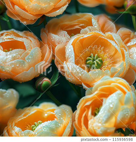 Idea for an endless pattern with peonies in raindrops, close-up 115936598