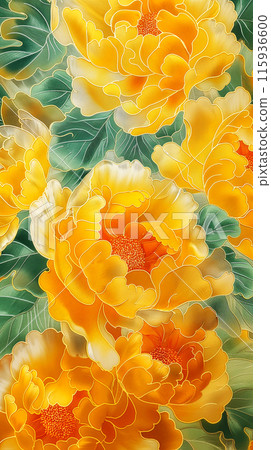 Vertical poster with yellow peony flowers, image in art nouveau style, idea for a phone screensaver 115936600