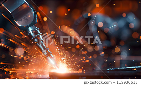 Close-up of the moment of welding of a robotic arm, accuracy and quality of the systems, sparks fly from the welding contact point 115936613