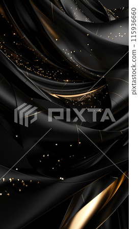 Plastic elegant vertical poster design with elegant abstract glossy surfaces and gold splashes, idea for mockup 115936660