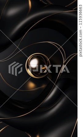 Vertical with abstract design for products, idea for mockup with golden ball on black background from intertwining plastic lines 115936663