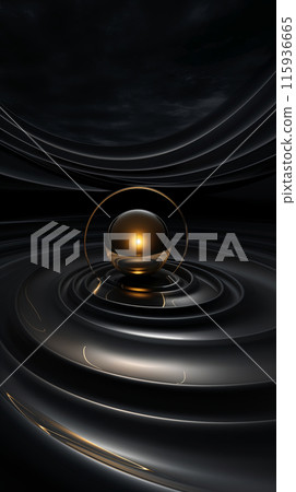 Golden ball on a black background of intertwining lines, abstract design for product mockup 115936665