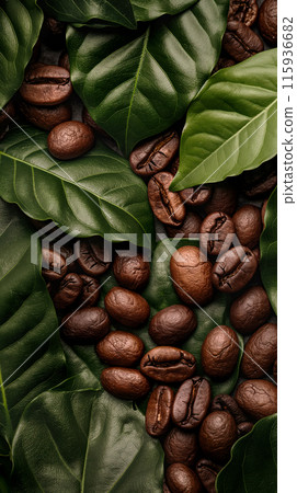 Detailed texture of coffee beans and leaves of a coffee tree top view, vertical poster for advertising special coffee in a cafe Detailed texture of coffee beans and leaves of a coffee tree top view, vertical poster for advertising special coffee in a cafe 115936682