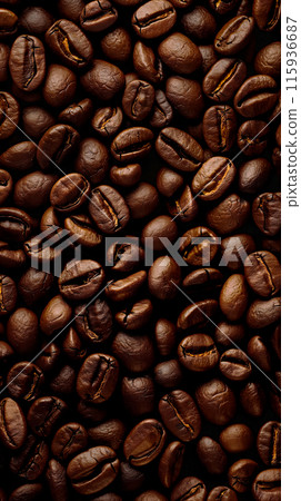 Coffee beans creating a textured vertical background, deep brown tones of perfectly roasted coffee, splash screen idea Coffee beans creating a textured vertical background, deep brown tones of perfectly roasted coffee, splash screen idea 115936687