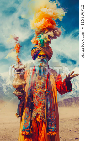 The wizard, dressed in a regal oriental outfit, summons the Genie from the lamp, radiates an aura of mysticism and miracles, vertical portrait The wizard, dressed in a regal oriental outfit, summons the Genie from the lamp, radiates an aura of mysticism and miracles, vertical portrait 115936712