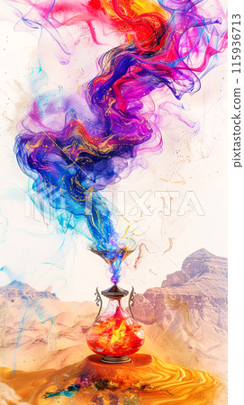 A lamp with multi-colored clouds of smoke escaping from it, rising and mixing to reveal a magical genie. vertical poster 115936713