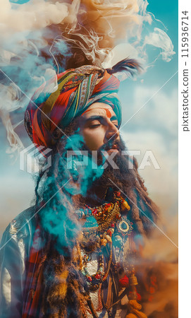 A magical genie dressed in a regal oriental outfit, radiates an aura of mysticism and wonder, a vertical portrait of a creature from fairy tales 115936714