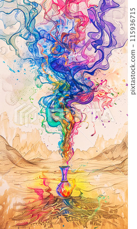 Bright puffs of smoke from a magic lamp, the genie is released, watercolor for a fairy tale about adventures 115936715