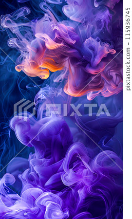 Clouds of intertwining orange and purple smoke, abstraction on a dark background, screensaver for a smartphone Clouds of intertwining orange and purple smoke, abstraction on a dark background, screensaver for a smartphone 115936745