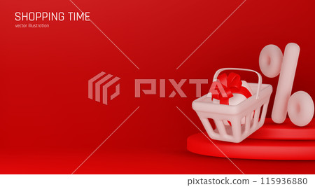 Great discount banner design with 3d gift box, shopping bag and Food basket Great discount banner design with 3d gift box, shopping bag and Food basket 115936880