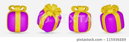 3d gift boxes set with ribbon bow isolated on a white background. 3d render flying modern holiday closed surprise box. 115936889