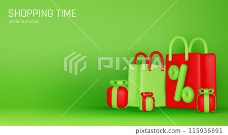 Banner for online shopping with 3d realistic gifts and gift bags for valentine's day, new year, and other holidays isolated on green background. Vector illustration 115936891
