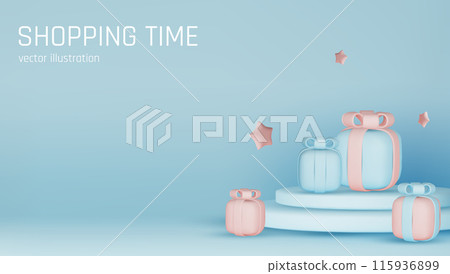 Banner for online shopping with 3d realistic gifts and gift bags for valentine's day, new year, and other holidays isolated on blue background. Vector illustration 115936899