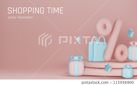 Banner for online shopping with 3d realistic gifts and gift bags for valentine's day, new year, and other holidays isolated on blue background. Vector illustration 115936900