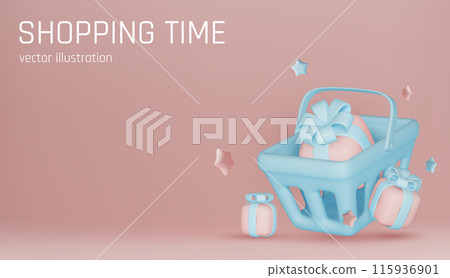 Great discount banner design with 3d gift box, shopping bag and Food basket 115936901