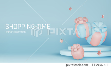 Banner for online shopping with 3d realistic gifts and gift bags for valentine's day, new year, and other holidays isolated on blue background. Vector illustration 115936902