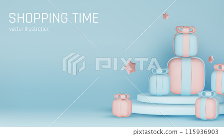 Banner for online shopping with 3d realistic gifts and gift bags for valentine's day, new year, and other holidays isolated on blue background. Vector illustration 115936903