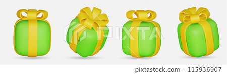 3d gift boxes set with yellow ribbon bow isolated on a white background. 3d render flying modern holiday closed surprise box. Realistic vector icon for present, birthday banners 115936907