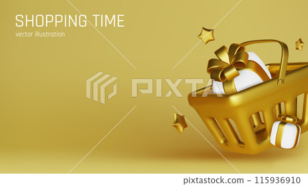 Food basket full of boxes of goods. Blue shopping cart realistic 3d object. shopping time. Creative concept idea design. Web landing page, banner and poster. vector illustration 115936910