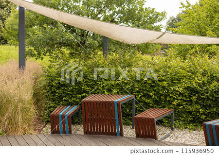 Empty modern bench and table in the shady park. Terrace outdoor with plants, table and wooden bench. Garden in summer with patio, wooden furniture. City public park 115936950
