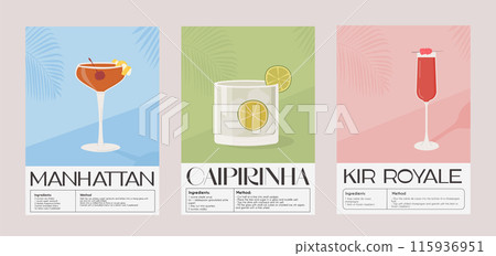 Manhattan, Caipirinha and Kir Royale Classic Cocktail recipe with ingredients. Summer aperitif wall art. Garnish alcohol beverage graphic print. Minimalist vertical poster. Vector flat illustration. Manhattan, Caipirinha and Kir Royale Classic Cocktail recipe with ingredients. Summer aperitif wall art. Garnish alcohol beverage graphic print. Minimalist vertical poster. Vector flat illustration. 115936951