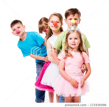 laughing children with clown noses standing one by one and holding each other 115936996