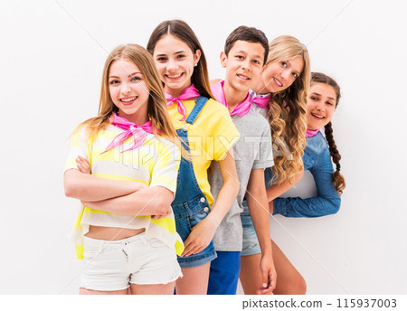 cute teenage children standing one by one on white background cute teenage children standing one by one on white background 115937003