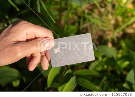 . Blank bank debit card mockup in male hand in nature, sunny summer day, green plants. 115937058