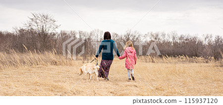 Back view of mother and daughter with dog Back view of mother and daughter with dog 115937120
