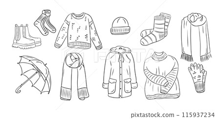 Set of Warm autumn outdoor clothes in doodle style 115937234