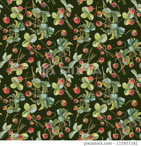 Strawberry seamless pattern with watercolor illustrations of berries, leaves. Strawberries, berries, strawberry flavor illustration 115937292