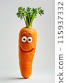 An animated carrot with a happy face and leafy greens, showcasing a fun and playful expression against a white background, blending natural beauty with whimsical creativity. 115937332