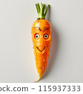 An animated carrot with a happy face and leafy greens, showcasing a fun and playful expression against a white background, blending natural beauty with whimsical creativity. 115937333