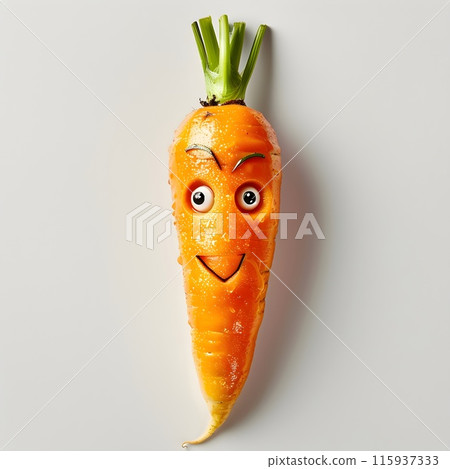 An animated carrot with a happy face and leafy greens, showcasing a fun and playful expression against a white background, blending natural beauty with whimsical creativity. An animated carrot with a happy face and leafy greens, showcasing a fun and playful expression against a white background, blending natural beauty with whimsical creativity. 115937333