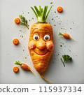 An animated carrot with a happy face and leafy greens, showcasing a fun and playful expression against a white background, blending natural beauty with whimsical creativity. 115937334