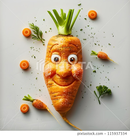 An animated carrot with a happy face and leafy greens, showcasing a fun and playful expression against a white background, blending natural beauty with whimsical creativity. An animated carrot with a happy face and leafy greens, showcasing a fun and playful expression against a white background, blending natural beauty with whimsical creativity. 115937334