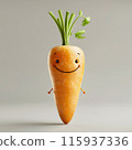 An animated carrot with a happy face and leafy greens, showcasing a fun and playful expression against a white background, blending natural beauty with whimsical creativity. 115937336