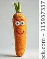 An animated carrot with a happy face and leafy greens, showcasing a fun and playful expression against a white background, blending natural beauty with whimsical creativity. 115937337
