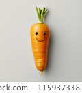 An animated carrot with a happy face and leafy greens, showcasing a fun and playful expression against a white background, blending natural beauty with whimsical creativity. 115937338