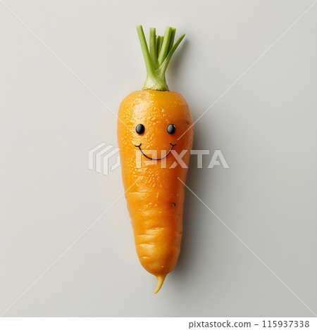 An animated carrot with a happy face and leafy greens, showcasing a fun and playful expression against a white background, blending natural beauty with whimsical creativity. An animated carrot with a happy face and leafy greens, showcasing a fun and playful expression against a white background, blending natural beauty with whimsical creativity. 115937338