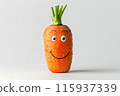 An animated carrot with a happy face and leafy greens, showcasing a fun and playful expression against a white background, blending natural beauty with whimsical creativity. 115937339