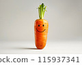 An animated carrot with a happy face and leafy greens, showcasing a fun and playful expression against a white background, blending natural beauty with whimsical creativity. 115937341