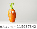 An animated carrot with a happy face and leafy greens, showcasing a fun and playful expression against a white background, blending natural beauty with whimsical creativity. 115937342