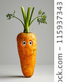 An animated carrot with a happy face and leafy greens, showcasing a fun and playful expression against a white background, blending natural beauty with whimsical creativity. 115937343