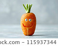 An animated carrot with a happy face and leafy greens, showcasing a fun and playful expression against a white background, blending natural beauty with whimsical creativity. 115937344